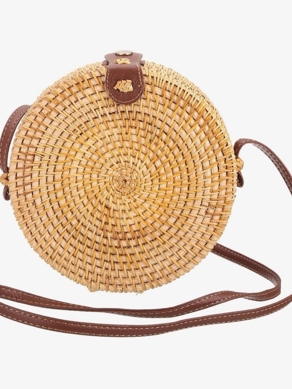 Woven Round Straw Crossbody Bag with Brown Trim - Picture 2 of 8